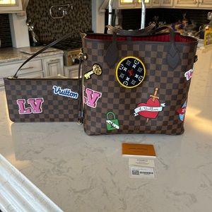 New Louis Vuitton Neverfull MM Ebene Damier LV Stories Patches